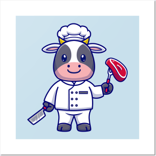 Cute Cow Chef Cooking Meat Cartoon Posters and Art